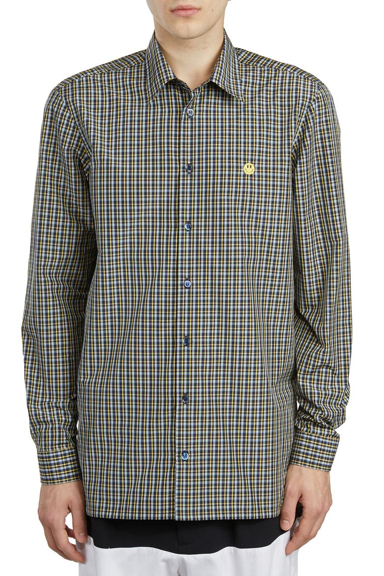 Plaid Embroidered Smiley Face Shirt, Main, color, BLUE YELLOW4015