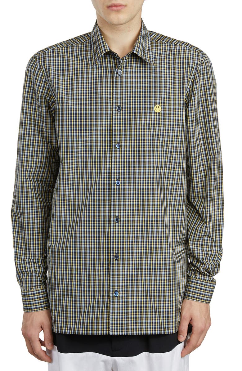 Raf Simons Plaid Embroidered Smiley Face Shirt, Main, color, 