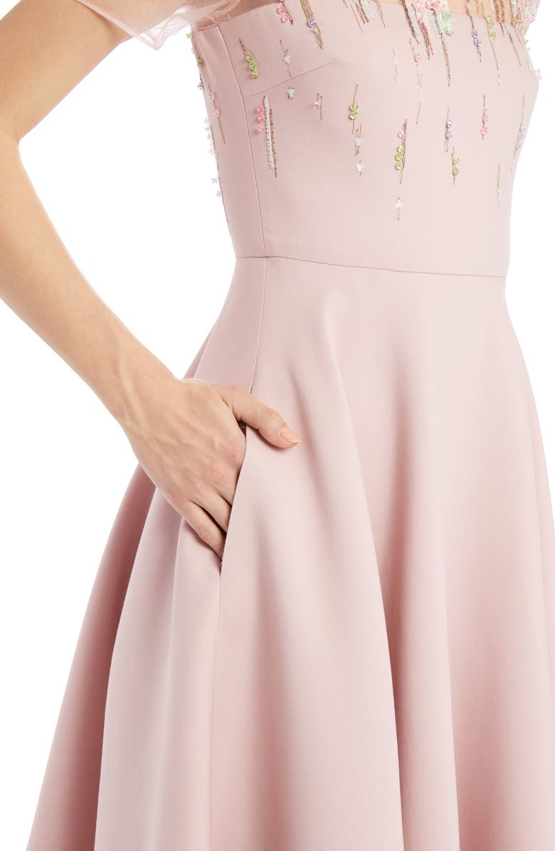 Valentino Embellished Illusion Yoke Wool & Silk Midi Dress, Alternate, color, 