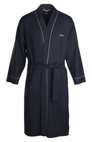 Hugo Boss Piped Cotton Robe In Blue
