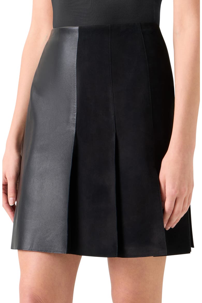 Mixed Media Pleated Leather Skirt, Alternate, color, BLACK