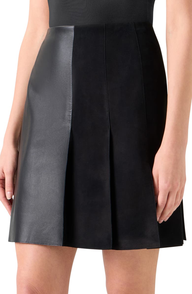 Akris Mixed Media Pleated Leather Skirt, Alternate, color, Black