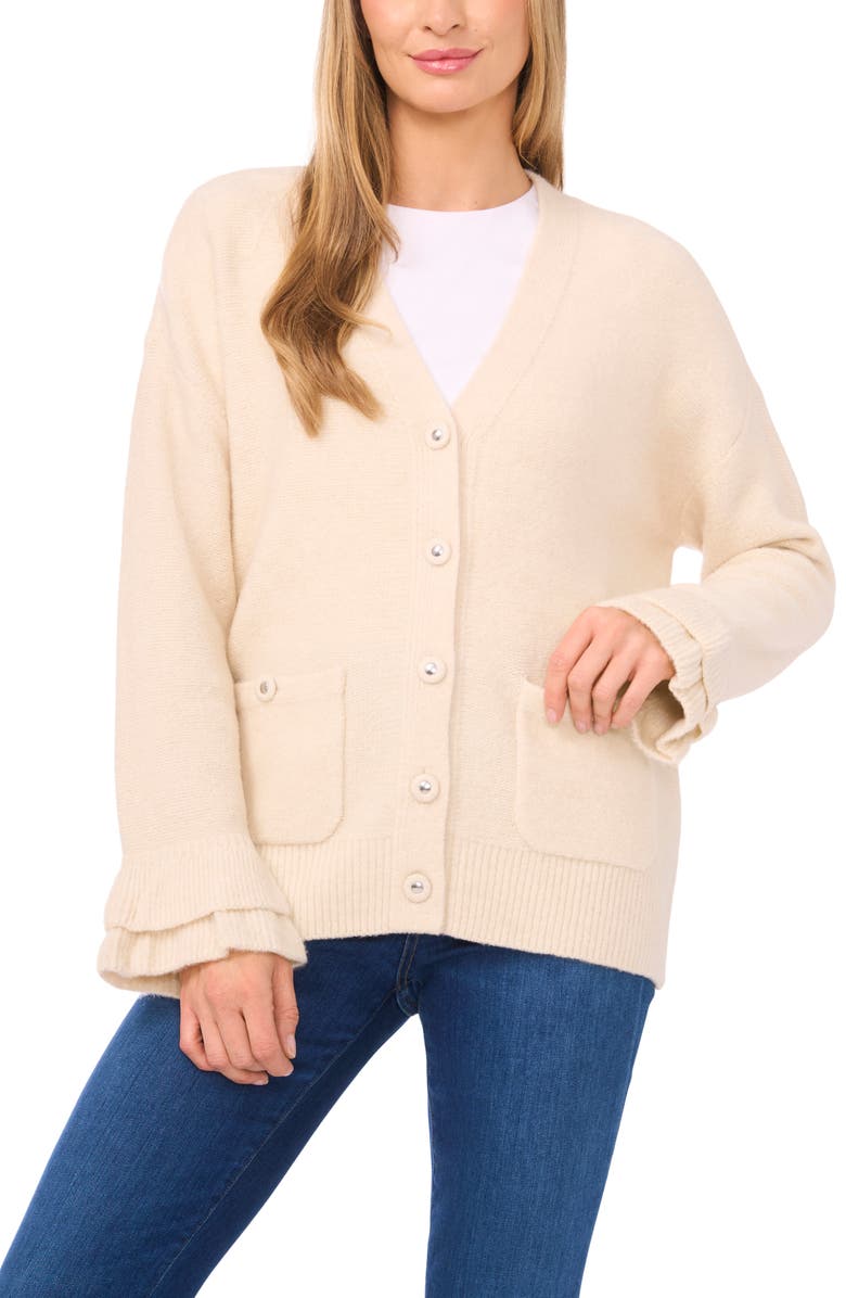 CeCe Ruffle Cuff Cardigan, Alternate, color, Birch