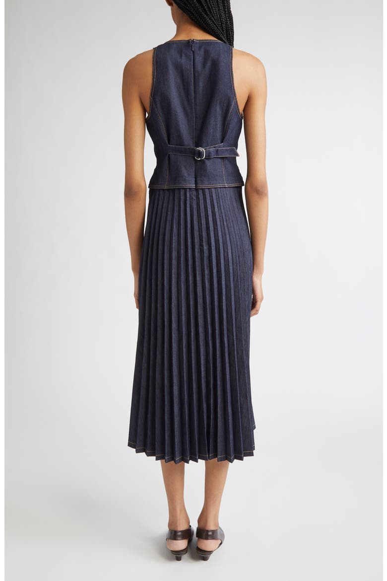 Esther Sleeveless Pleated Denim Midi Dress, Alternate, color, INDIGO