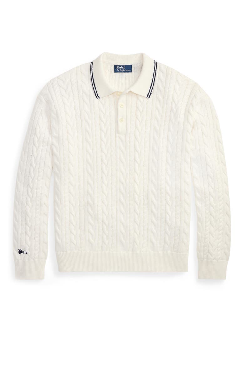 Relaxed Fit Cable Stitch Cotton & Linen Polo Sweater, Alternate, color, TROPHY CREAM