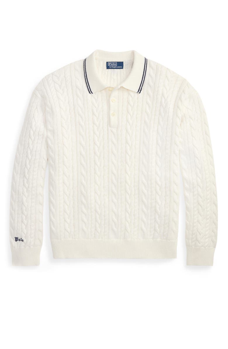 Polo Ralph Lauren Relaxed Fit Cable Stitch Cotton & Linen Polo Sweater, Alternate, color, Trophy Cream