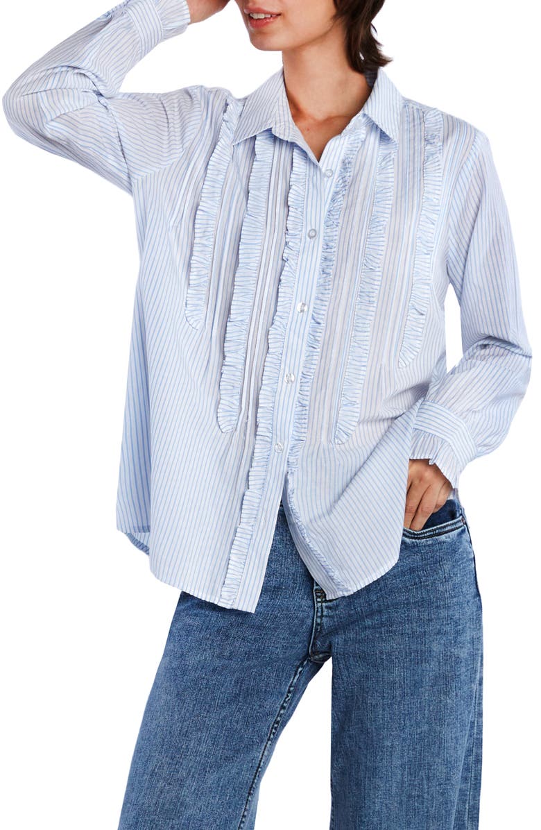 Wash Lab Denim Ruffle Stripe Tuxedo Shirt, Alternate, color, Blue Stripes