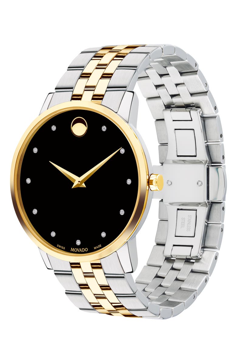 Movado Museum Diamond Bracelet Watch, 40mm, Alternate, color, Silver/ Black/ Gold