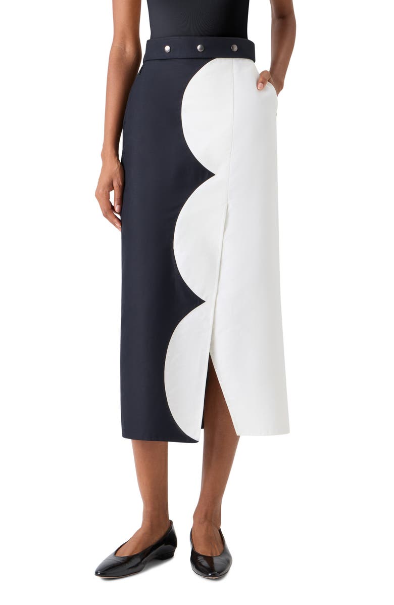 Akris Cloud Cotton & Silk Blend Midi Skirt, Main, color, Black-Ecru