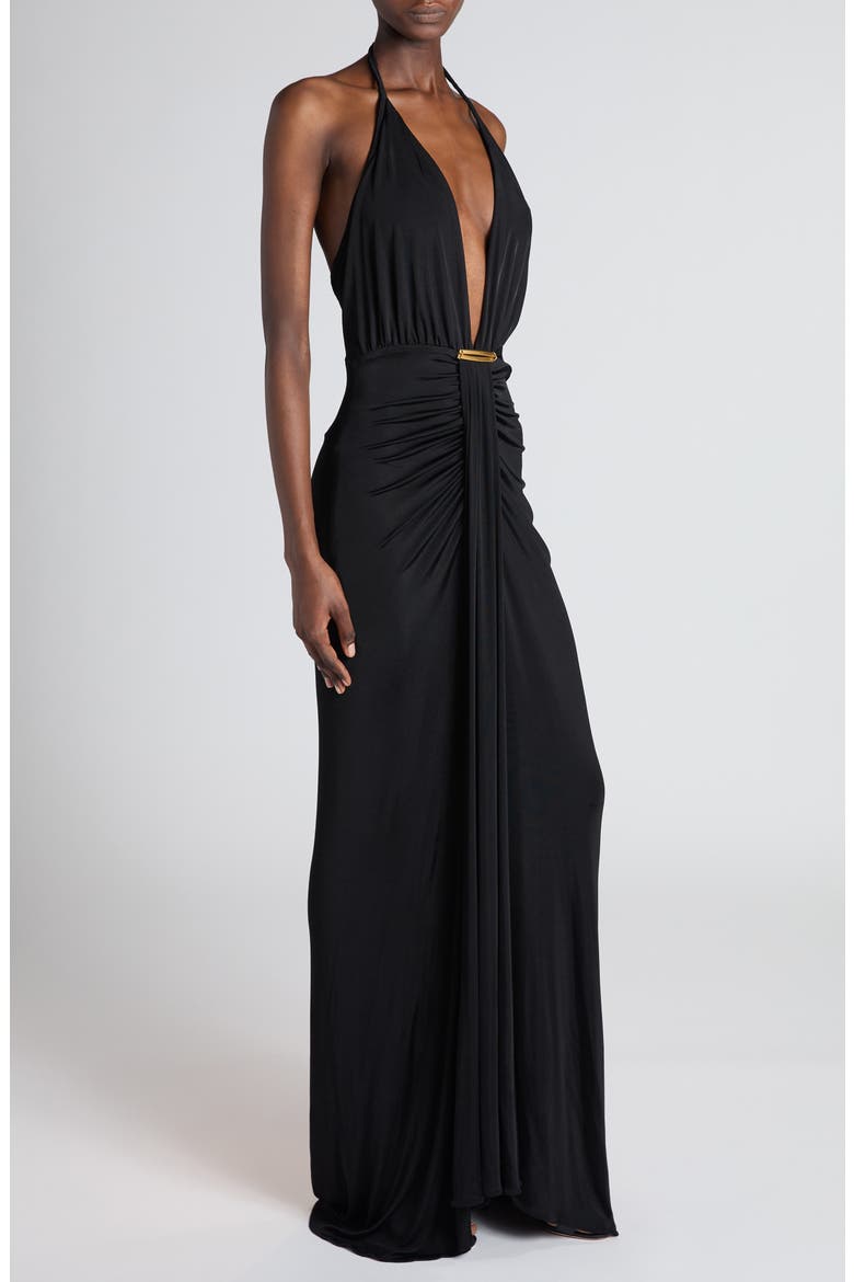 Plunge Halter Gown, Alternate, color, BLACK