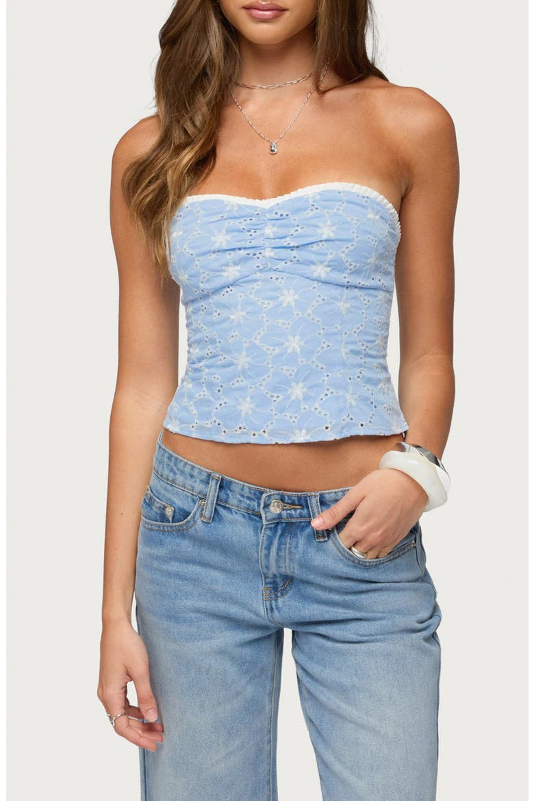 Zeffey Eyelet Strapless Corset Top, Main, color, LIGHT-BLUE