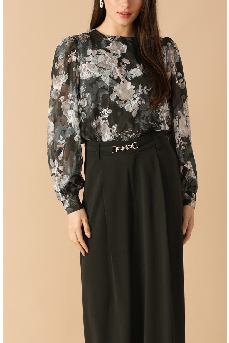 Floral Tie Back Long Sleeve Top, Alternate, color, BLACK