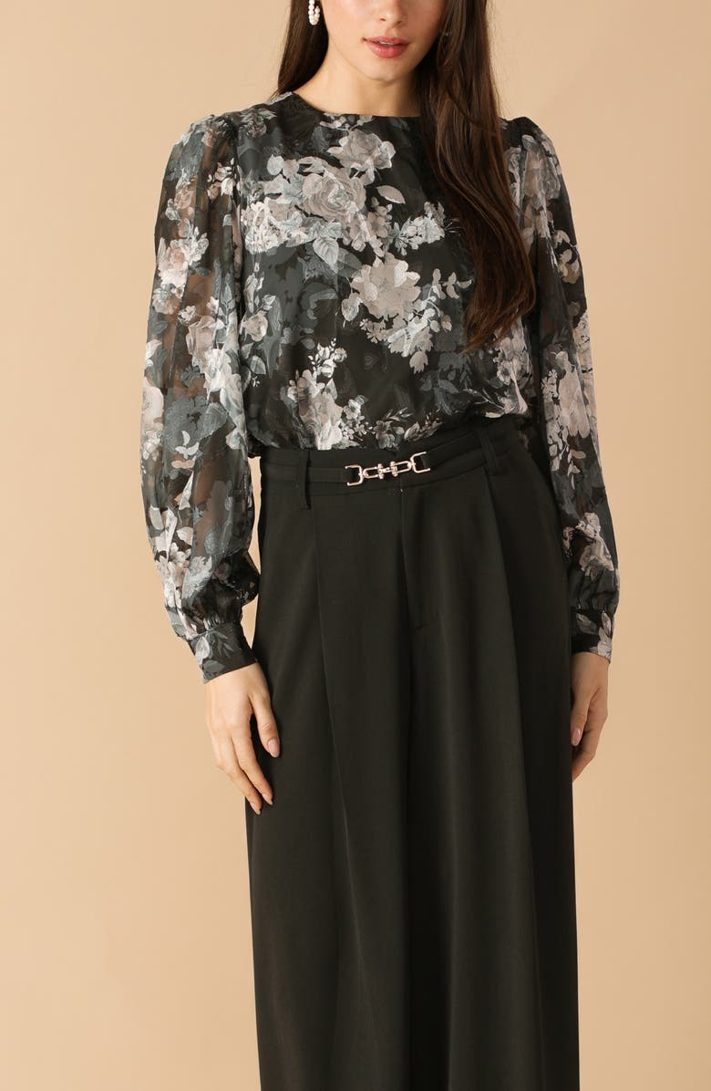 FLYING TOMATO Floral Tie Back Long Sleeve Top, Alternate, color, Black