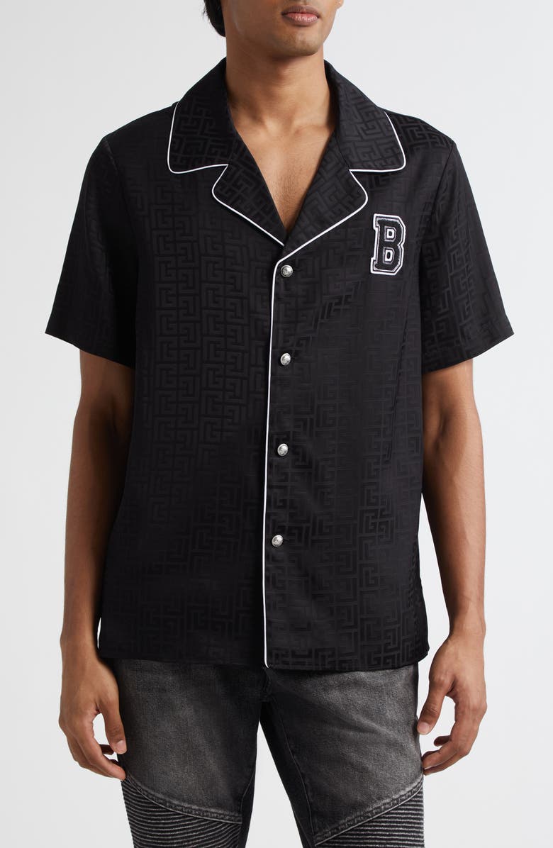 Balmain Tonal Monogram Jacquard Pajama Shirt, Main, color, 0Pa Black