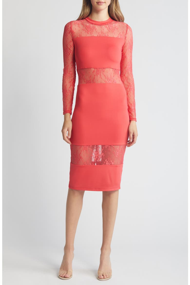 Lace Inset Long Sleeve Midi Dress, Main, color, RED