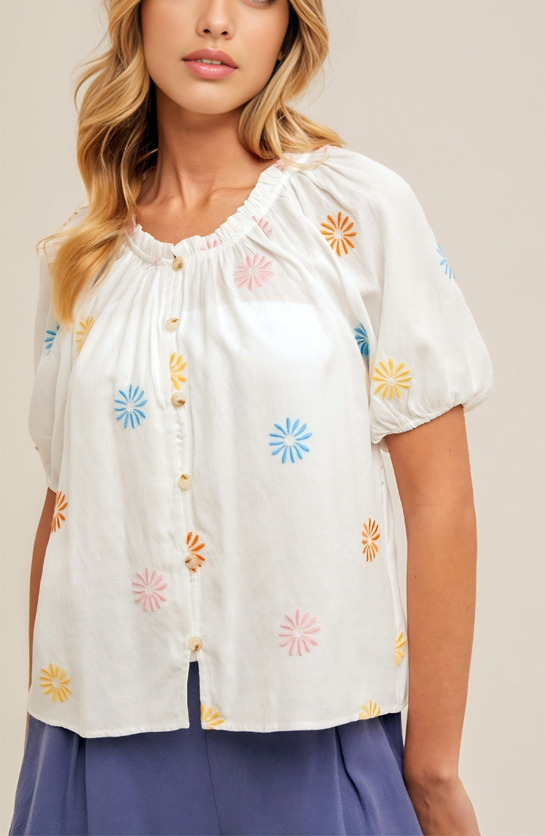 Knit and Lounge Embroidered Button-Up Blouse, Alternate, color, White Multicolor Floral