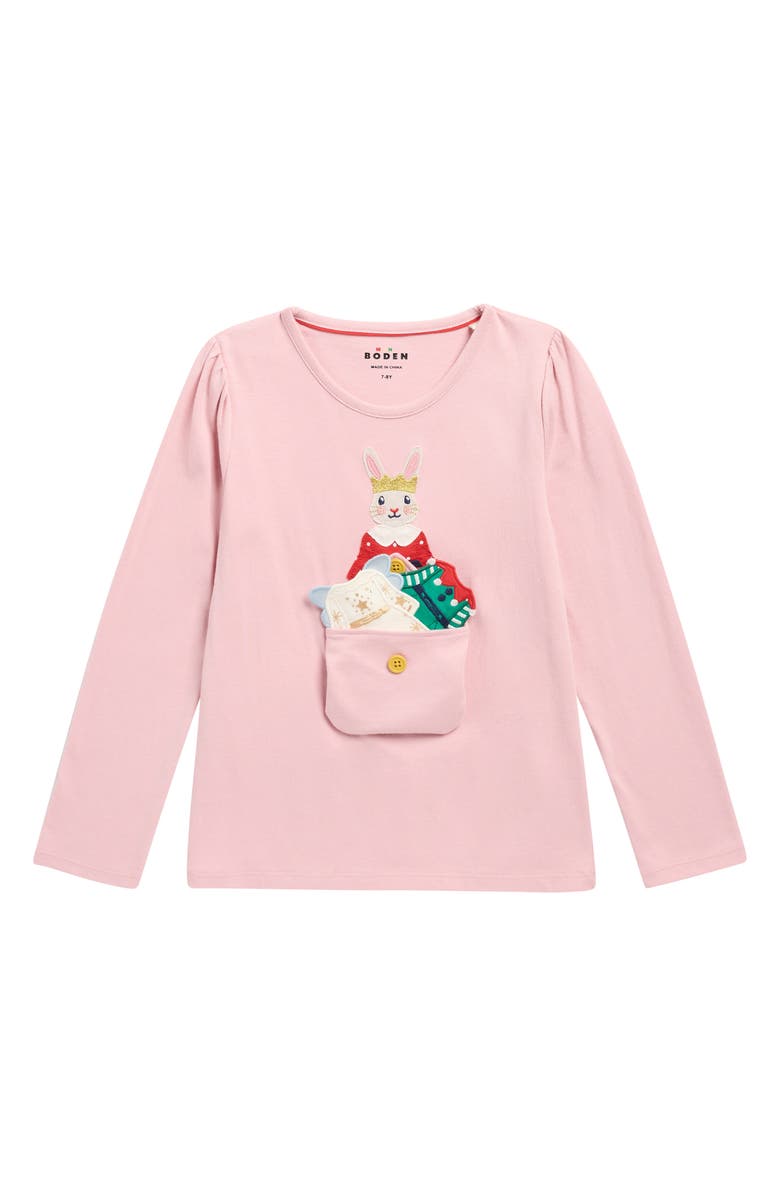 Mini Boden Kids' Puff Sleeve Appliqué Shirt, Main, color, Vintage Pink Christmas Bunny