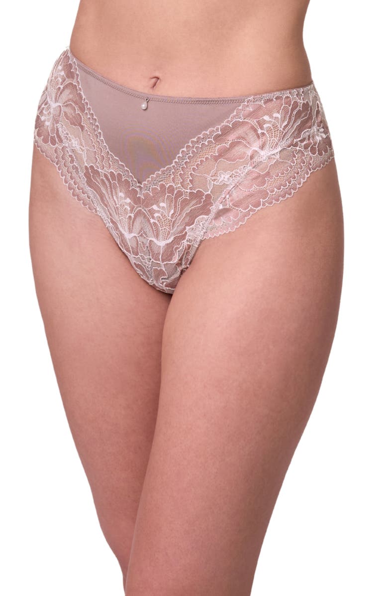 Montelle Intimates Floral Lace & Microfiber Thong, Main, color, Moonshell/ Chantilly