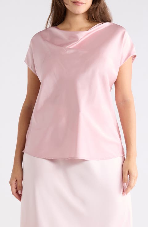 Cowl Neck Short Sleeve Satin Top (Plus)