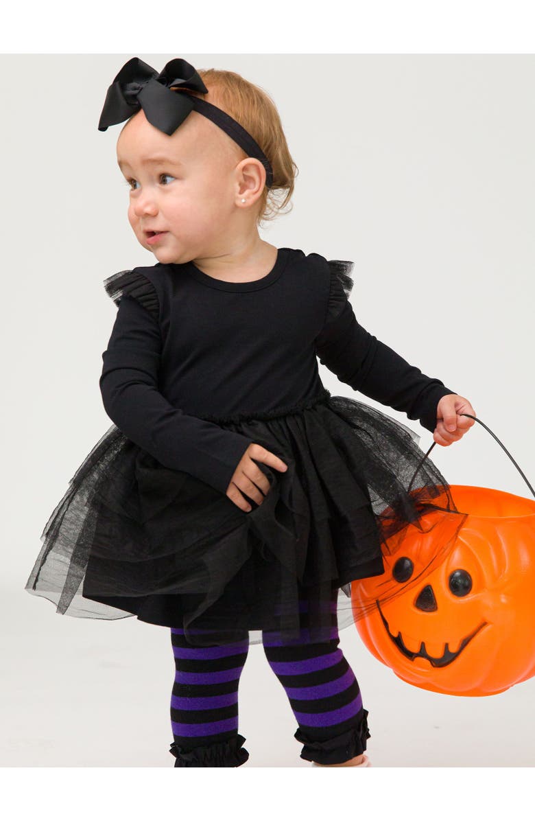 RuffleButts Baby Girls Flutter Tulle Long Sleeve Twirl Romper, Alternate, color, Black