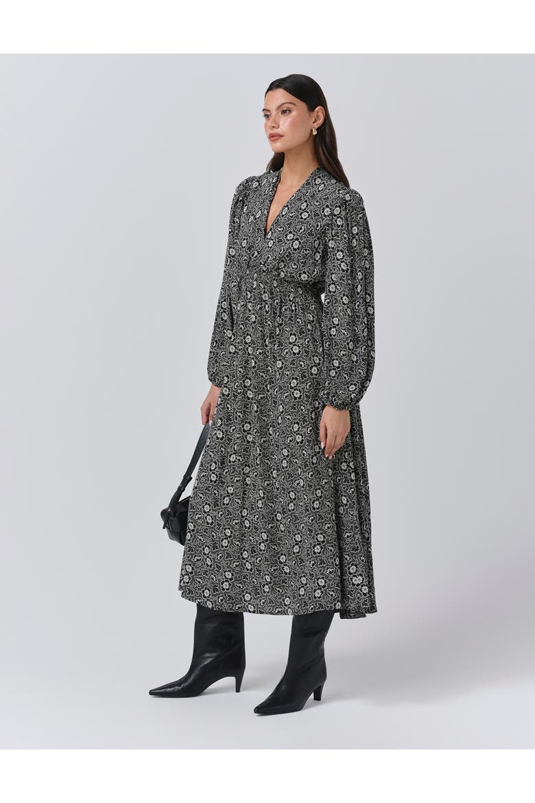 Petal Crepe V Neck Midi Waisted Dress, Alternate, color, Black Ditsy