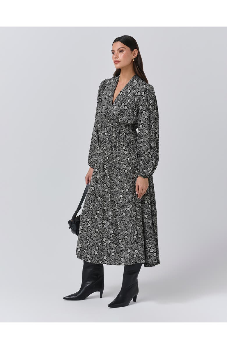 Ghost London Petal Crepe V Neck Midi Waisted Dress, Alternate, color, Black Ditsy