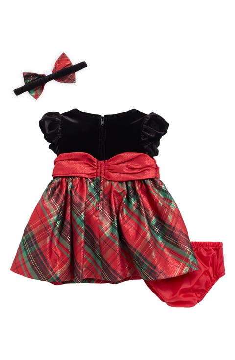 Plaid Velvet Dress, Headband & Diaper Cover Set