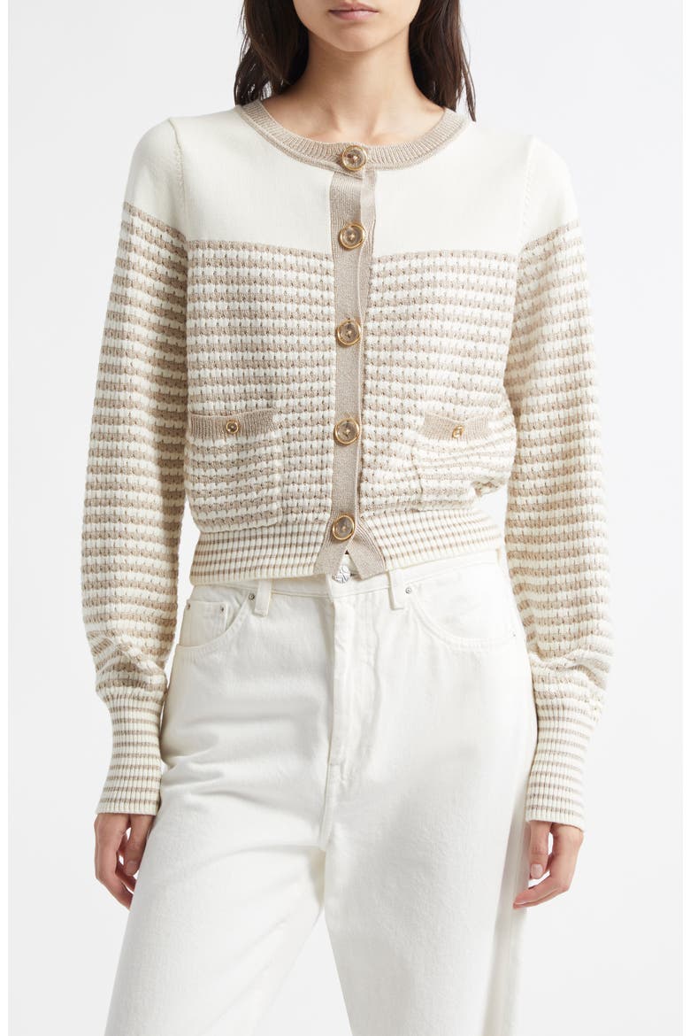 Bea Metallic Stripe Cotton Blend Cardigan, Main, color, SANDSTONE IVY TEXTURED STRIPE