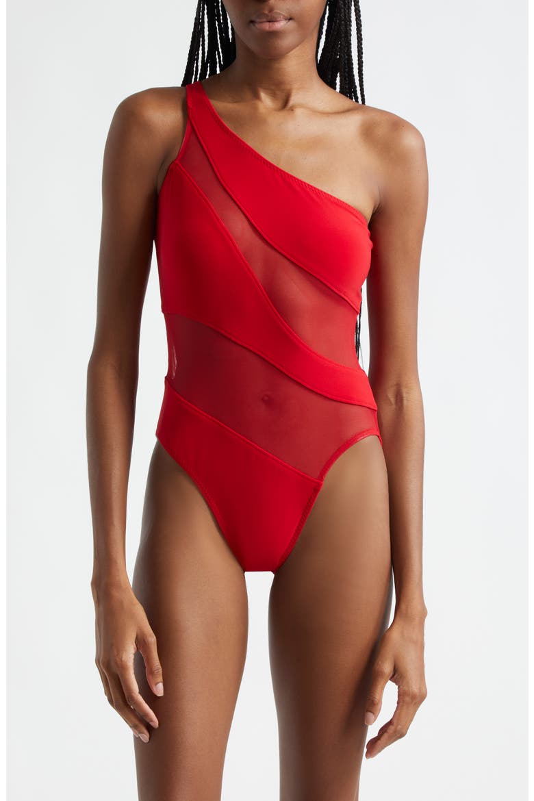 Snake Mesh Inset One-Shoulder One-Piece Swimsuit, Main, color, TIGER RED/ TIGER RED