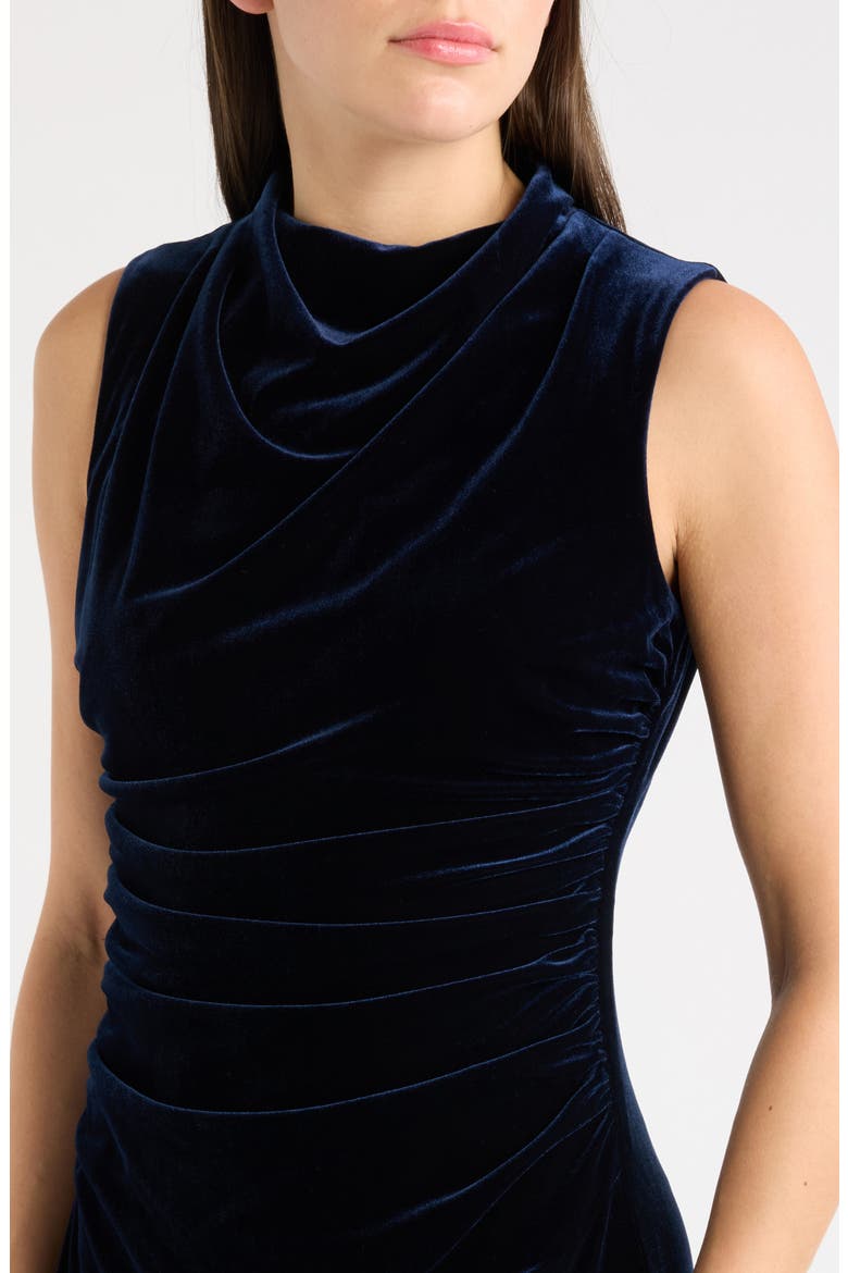 High Cowl Neck Ruched Velvet Sheath Midi Dress, Alternate, color, NAVY