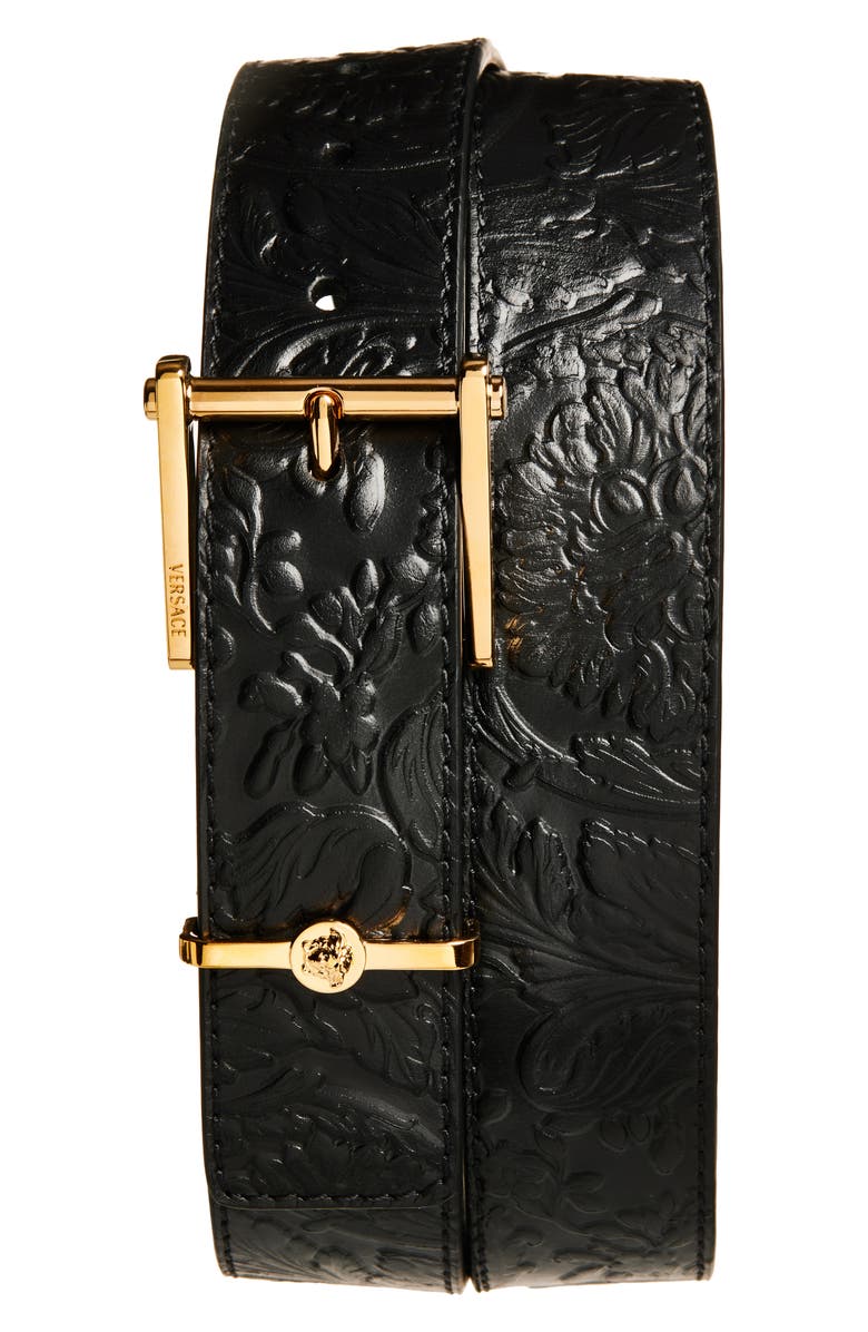 Versace Barocco Embossed Leather Belt, Main, color, Black-Versace Gold