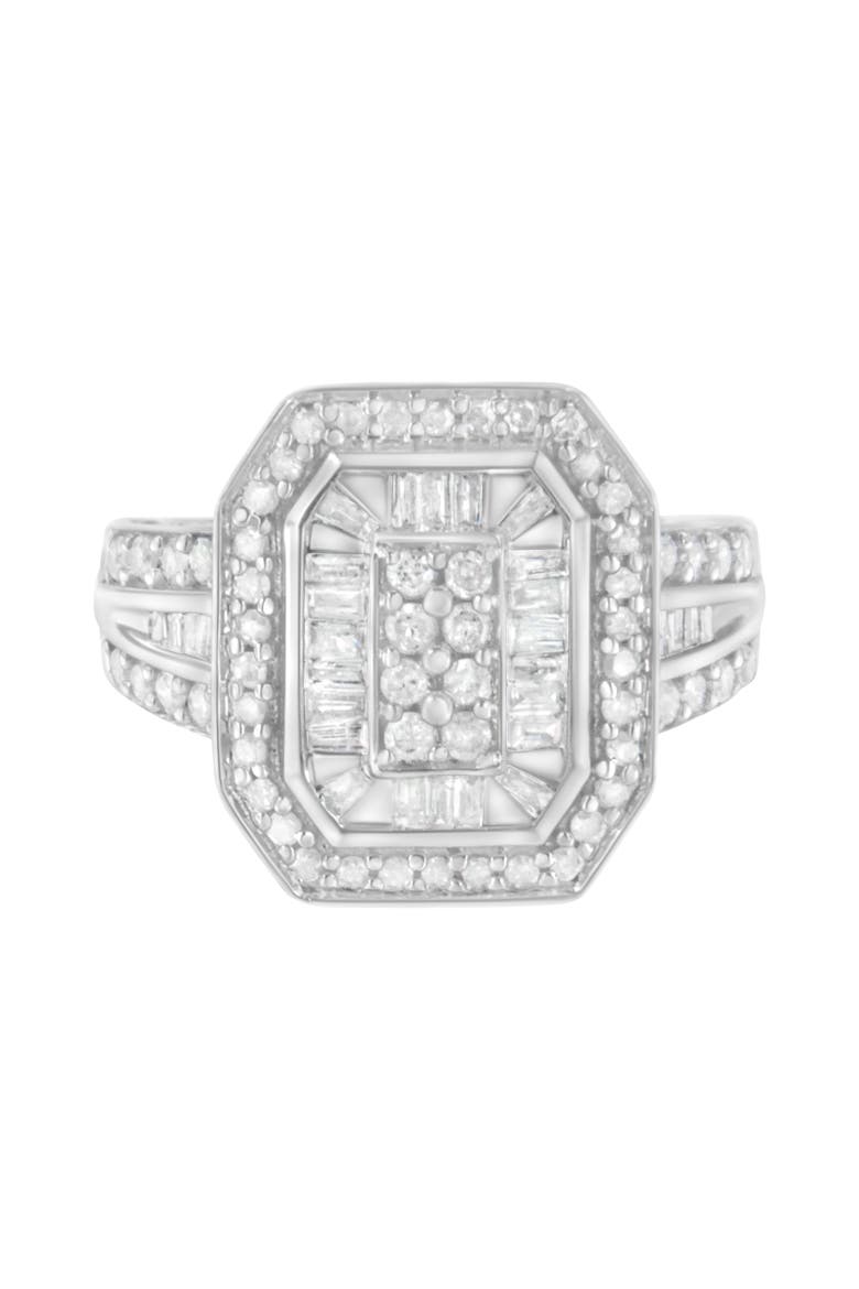 Silver 3/4 Cttw Round and Baguette Diamond Cathedral Ring, Main, color, Silver