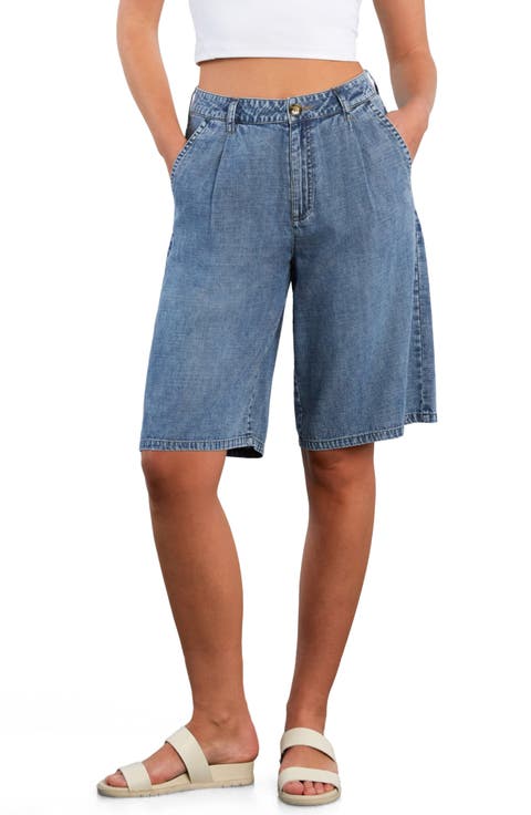 Chill Pleated Mid Rise Denim Bermuda Shorts