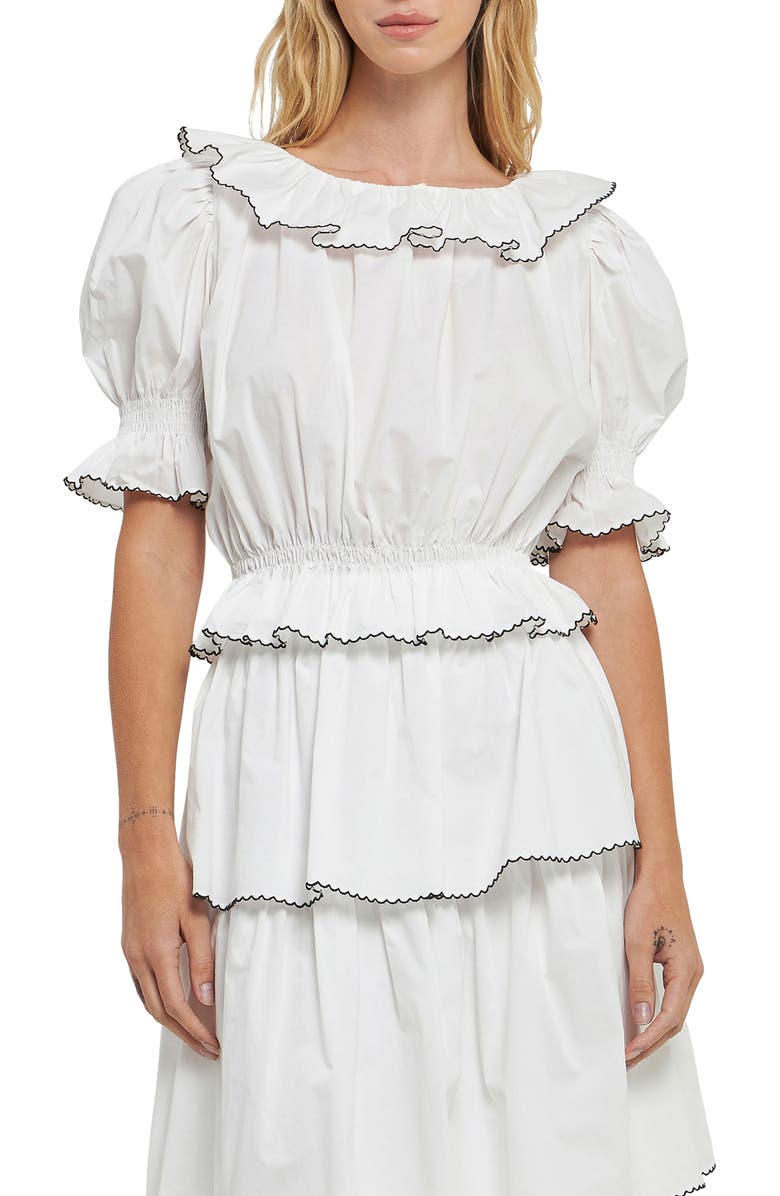 English Factory Picot Stitch Ruffle Poplin Top, Main, color, Off White