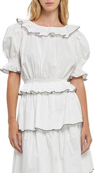 English Factory Picot Stitch Ruffle Poplin Top