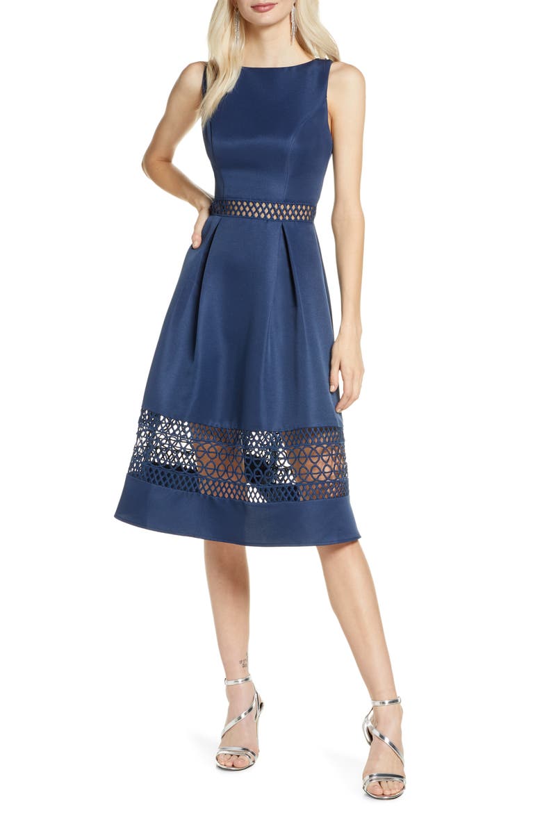 Delia Fit & Flare Dress, Main, color, NAVY