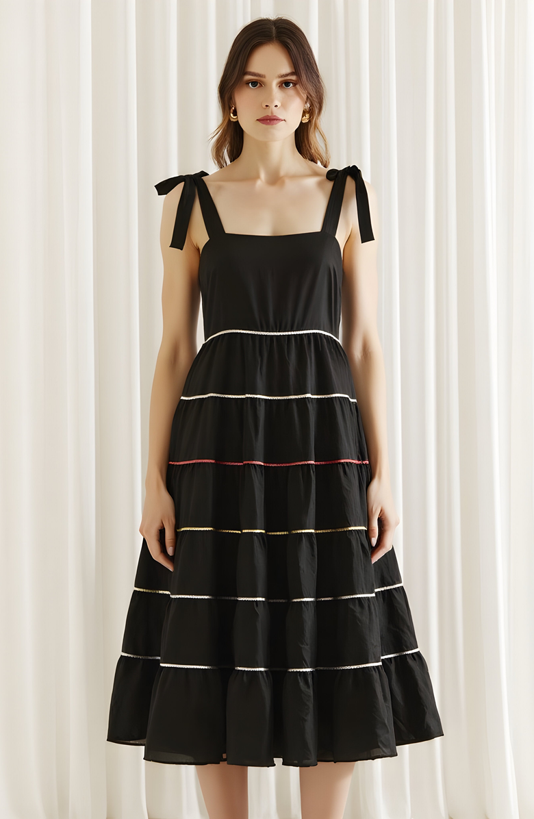 Modenaire Tiered Midi Dress with Contrast Stitching and Tie Shoulder Straps, Alternate, color, 