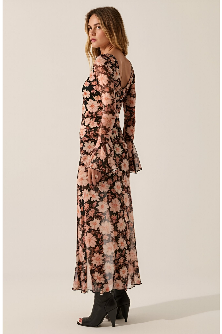 Floral Mesh Maxi Dress with Trumpet Sleeves, Drop Waist and Asymmetrical Slit Skirt, Alternate, color, Floral Mesh