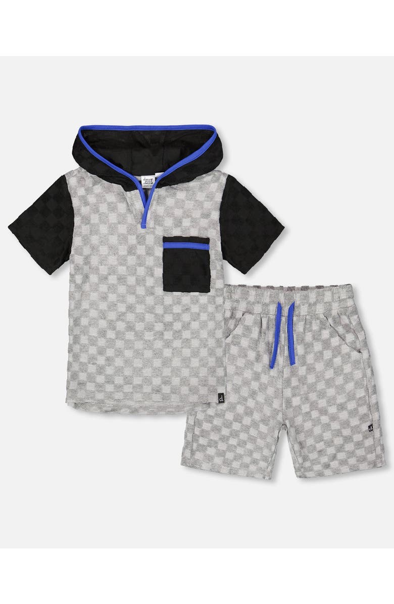 Deux par Deux Boy's Printed Hooded Terry Top And Shorts Set Gray And Black, Main, color, 