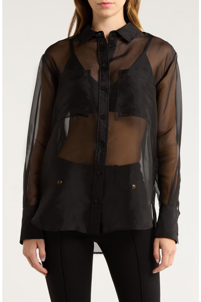 The Silk Organza Button-Up Shirt, Main, color, BLACK