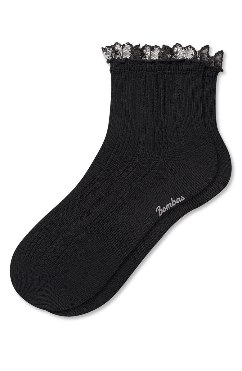 Bombas Lace Trim Cushioned Cotton Blend Rib Quarter Socks, Main, color, Black