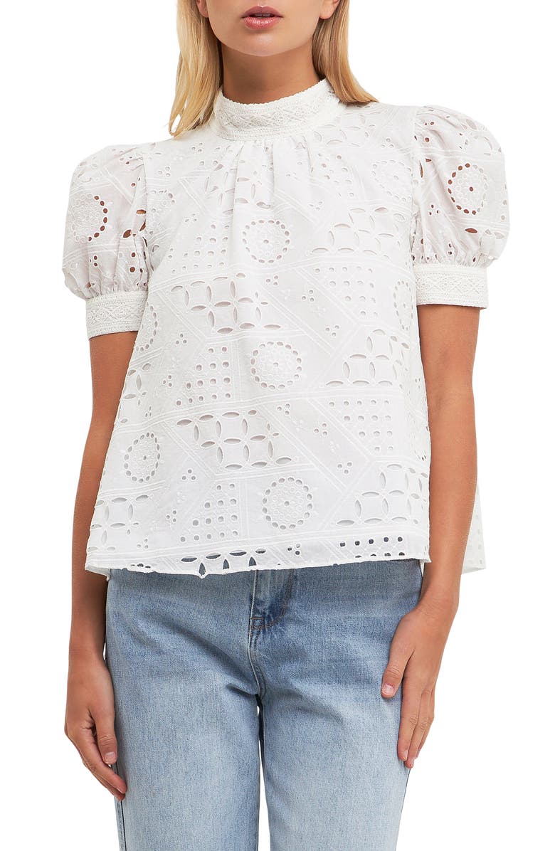 English Factory Broderie Anglaise Puff Sleeve Blouse, Main, color, 