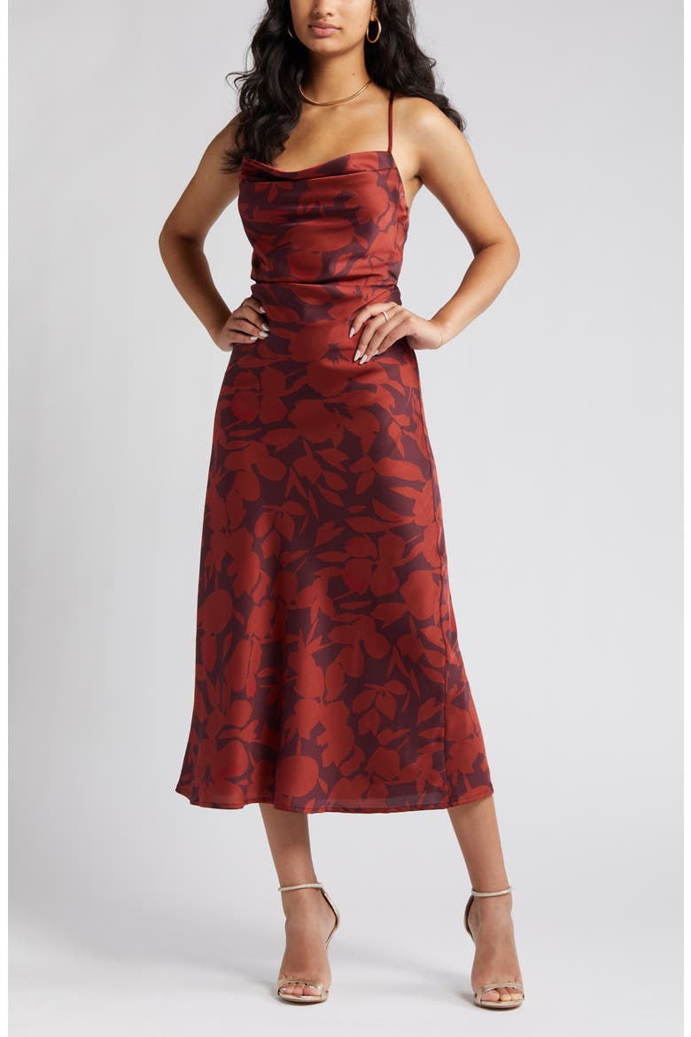 Amberlust Floral Satin Midi Dress, Alternate, color, BRONZE MULTI