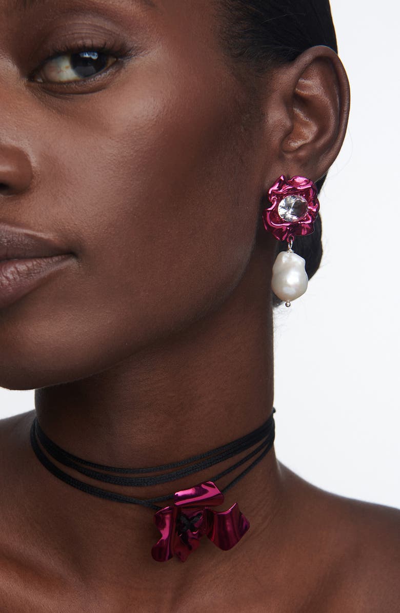 Sterling King Lola Floral Baroque Pearl Drop Earrings, Alternate, color, Fuchsia