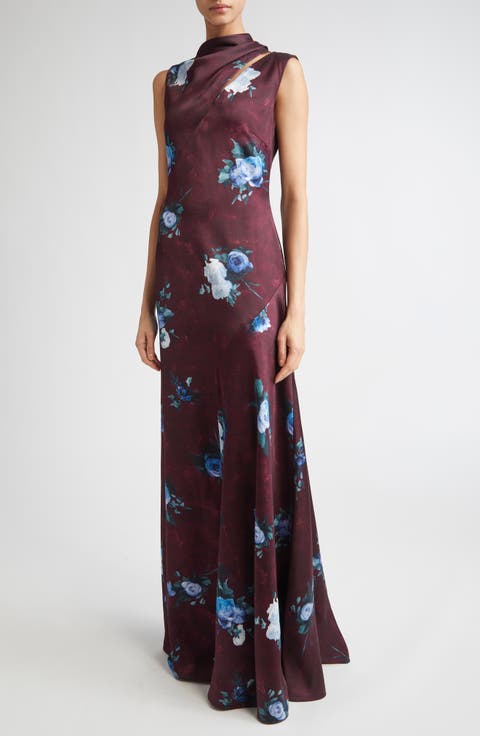 Abstract Rose Print Cutout Satin Gown