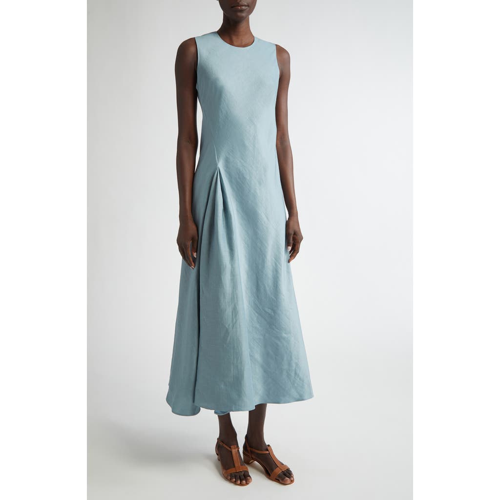 Shop Lafayette 148 New York Pleat Front Linen Blend Dress In Paper Blue