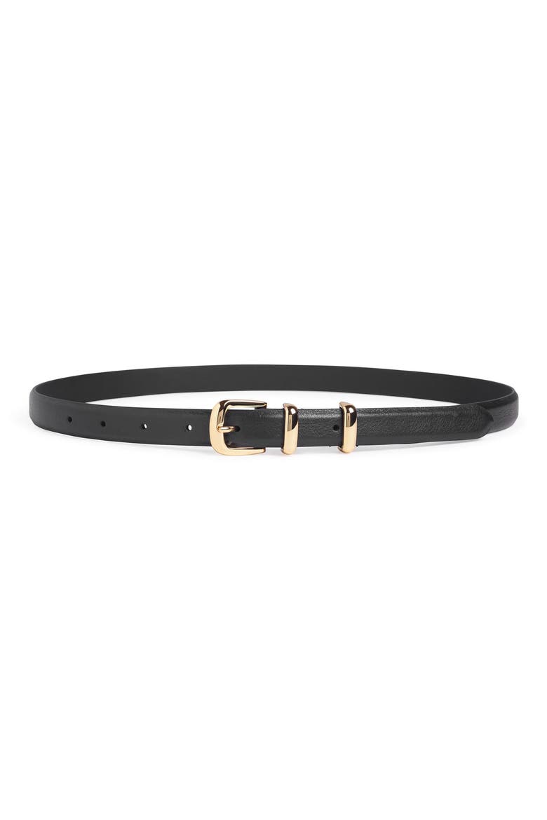 Skinny Jordan Leather Belt, Main, color, BLACK/ POLISHED GOLD