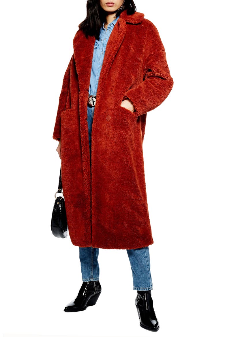 Luxe Faux Fur Coat, Main, color, RUST
