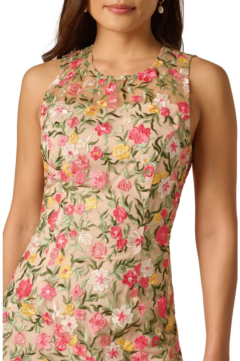 Floral Embroidered Illusion Sheath Dress, Alternate, color, CORAL MULTI