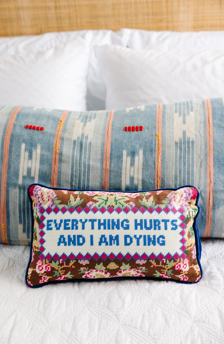 Furbish Everything Hurts Needlepoint Pillow, Alternate, color, Blue, Multi